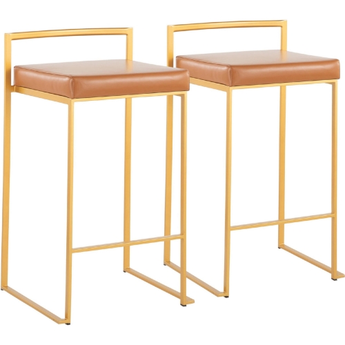 Fuji Stackable 27" Counter Stool in Camel Leatherette & Gold Metal (Set of 2)